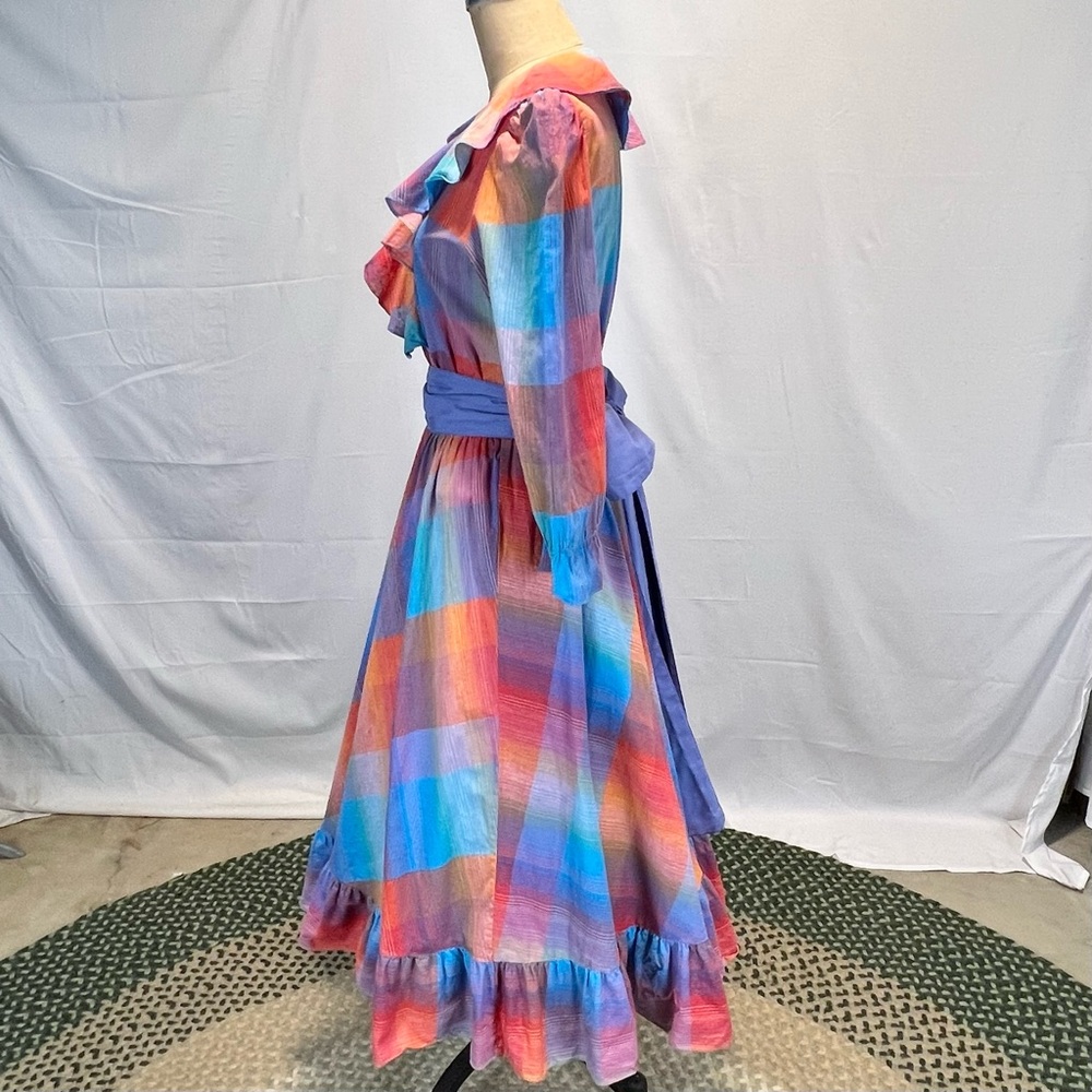 VINTAGE 80s plaid prairie dress ruffle poet collar a-line long sleeve midi‎ - Picture 6 of 17